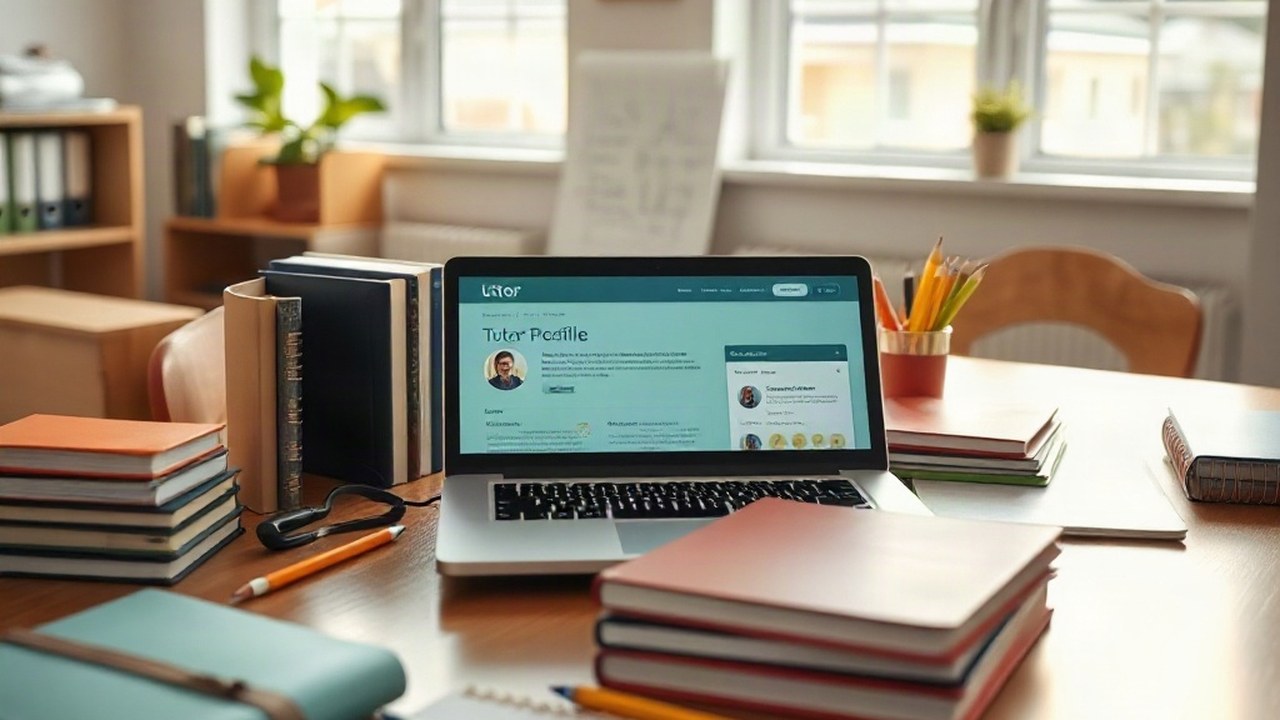 A tutor desk with a laptop showing a clean professional profile page and learning materials