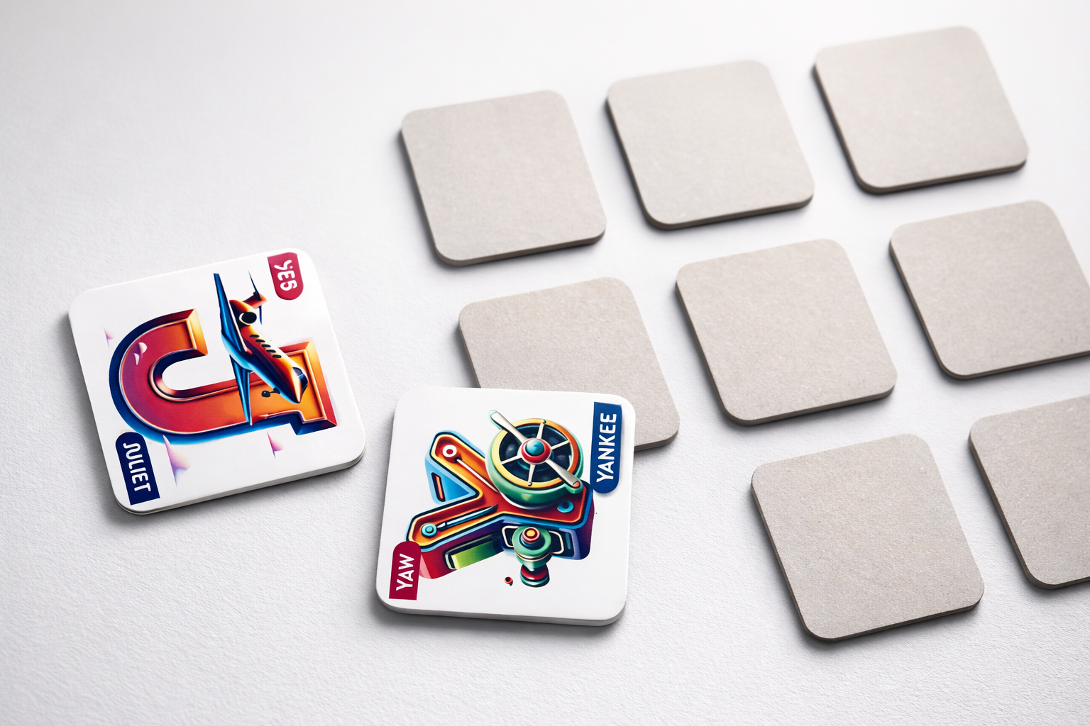 Aviation Memory Game cards spread showing Alpha Bravo Charlie